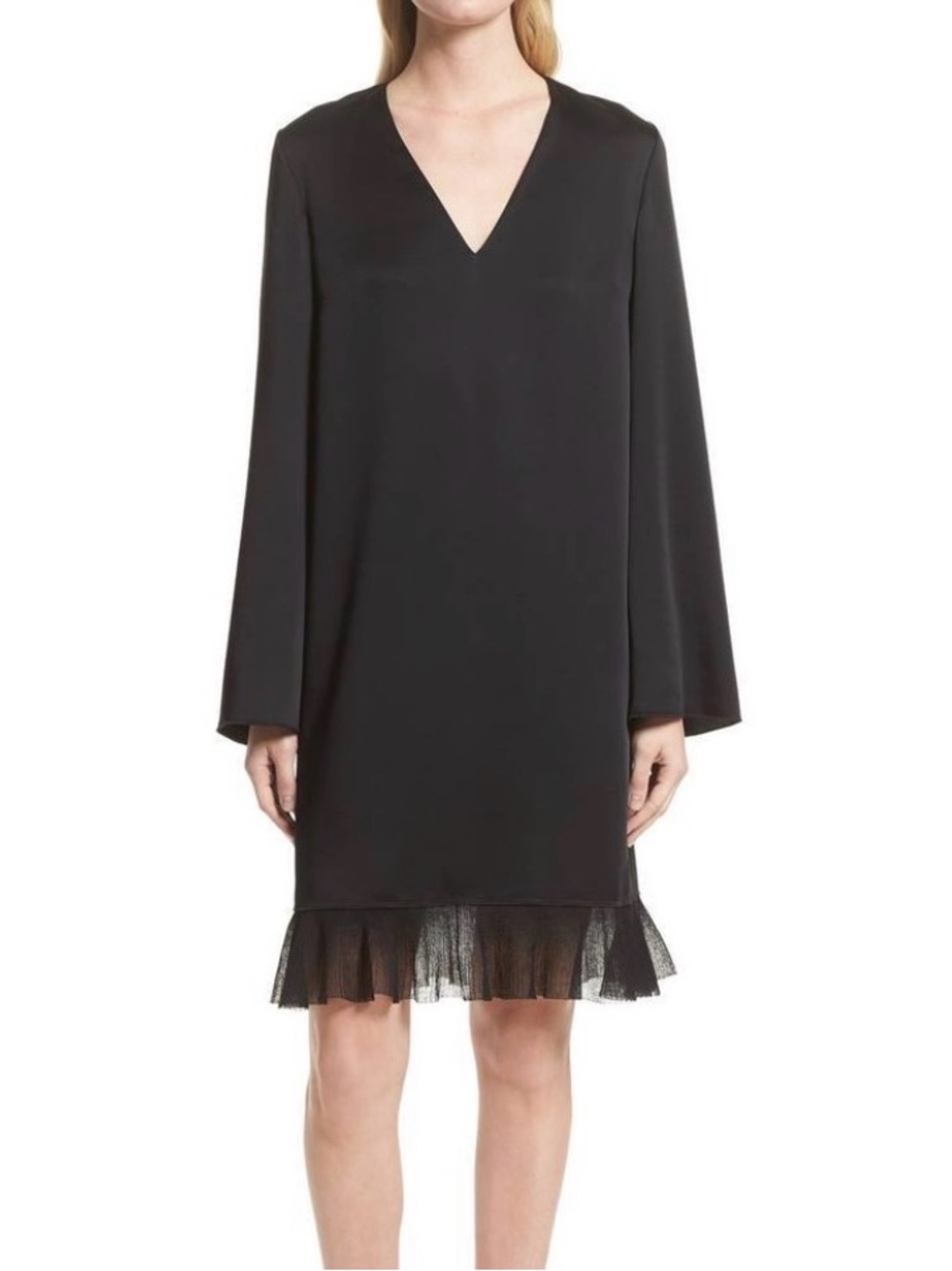 Elizabeth and James Black V-Neck Long Sleeve Mini Dress with Lace Hem